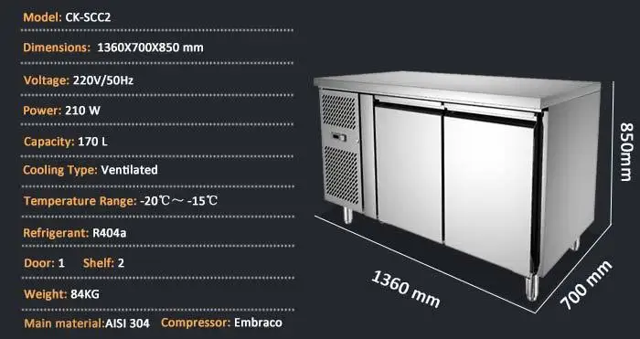 Commercial 2 Door Stainless Steel Counter Top Fridge Restaurant