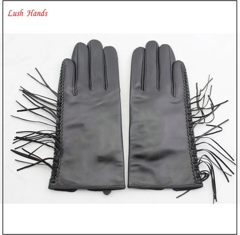 genuine black thin fringed leather gloves with polyester lining