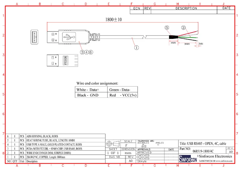 Ftdi Ft232 Sp485 Usb Rs485 Cable Wire End Pinout Vcc Data Data Gnd Support 120r Terminal