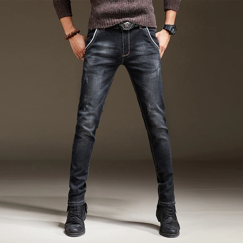2018 Thick Jeans Men's Feet Slim Jeans Young Autumn Thick Stretch Pants ...