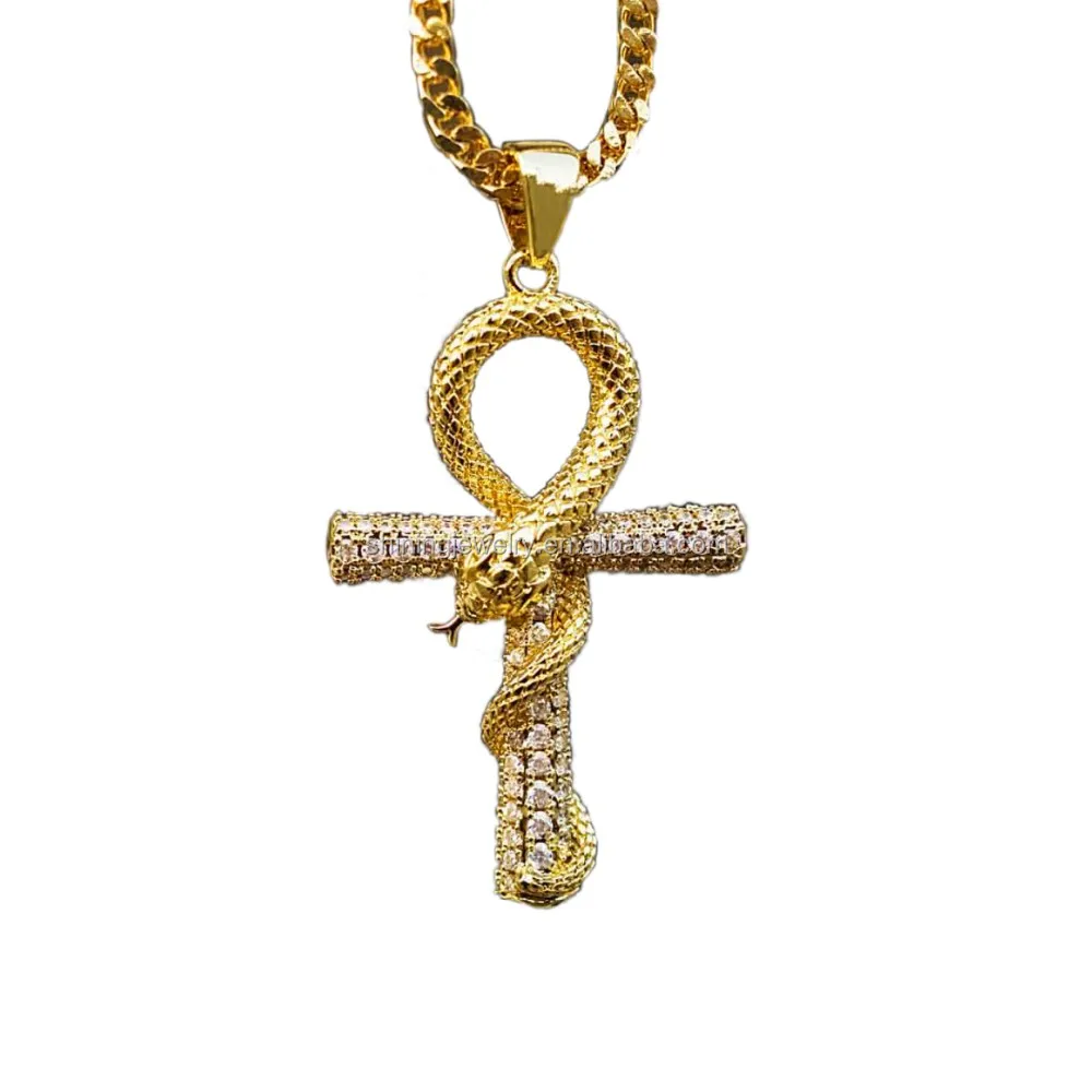14k Yellow Gold Cross 3d Snake Ankh Cross Charm Pendant - Buy Ankh ...