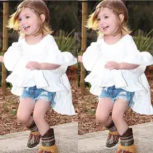 Vestido branco menina babados Tops de manga alargamento assimétrico partido Ruffles Hem vestidos 1-6a