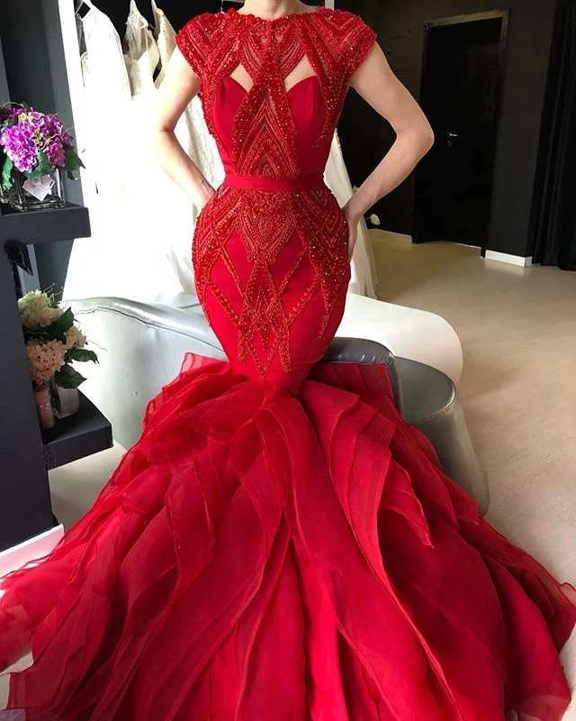 Gorgeous Red Mermaid Evening Dress 2020 Beading Cap Sleeve Long Party