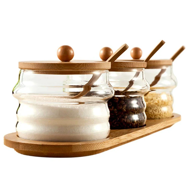 Customize Logo Round Salt Glass Jar With Spoon Spice Jar Set With Bamboo Tray