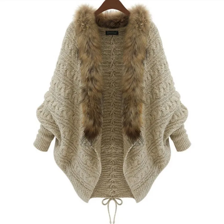 Womens Winter Fur Collar Cardigan,Plus Size With Batwing Sleeves