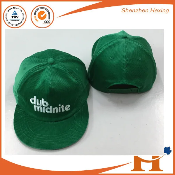 Custom Green Yupoong Flat Brim 5 Panel Corduroy Snapback Hat/embroidery