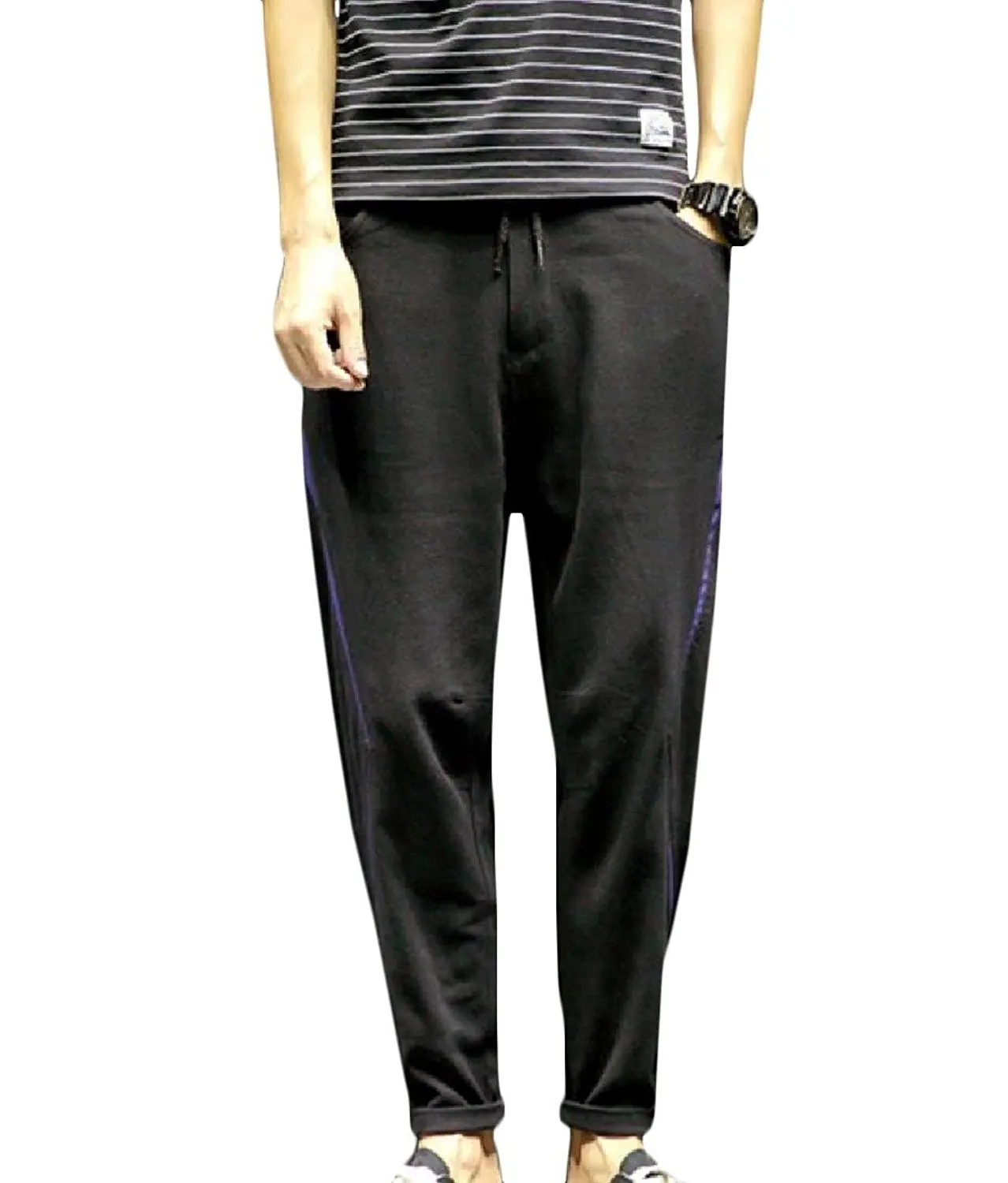Cromoncent Mens Drawstring Trousers Casual Stitching Slim Fit Jogger Pant
