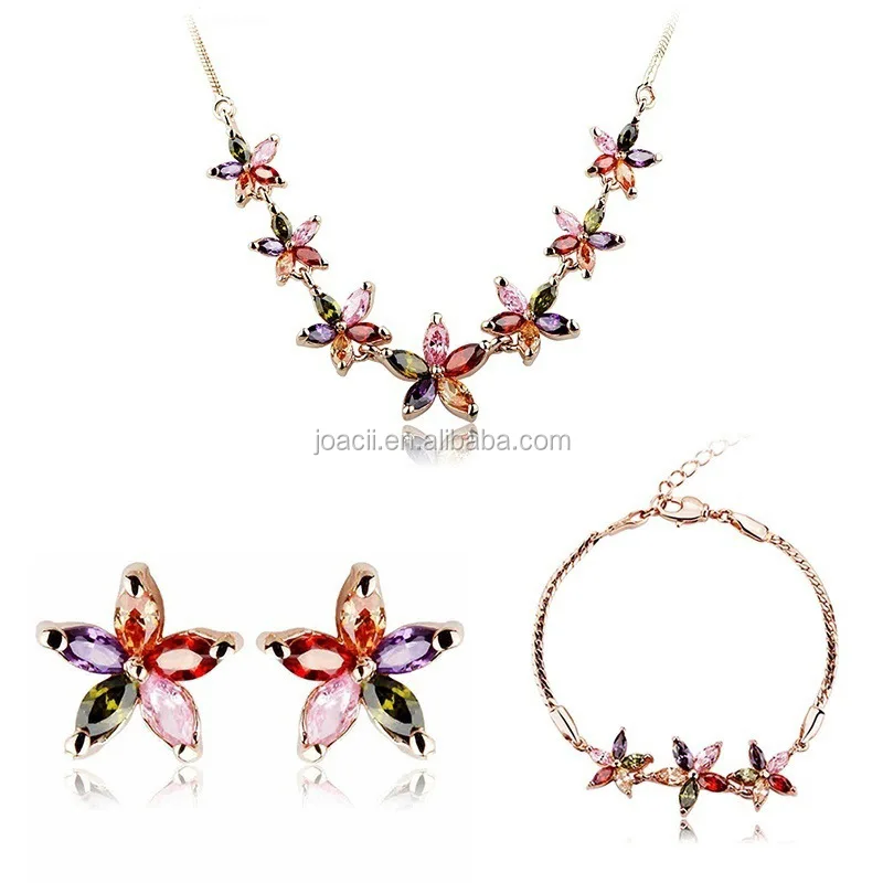 Joacii Stylish Colorful Flower Design Rose Gold Jewelry Set with AAA Zircon