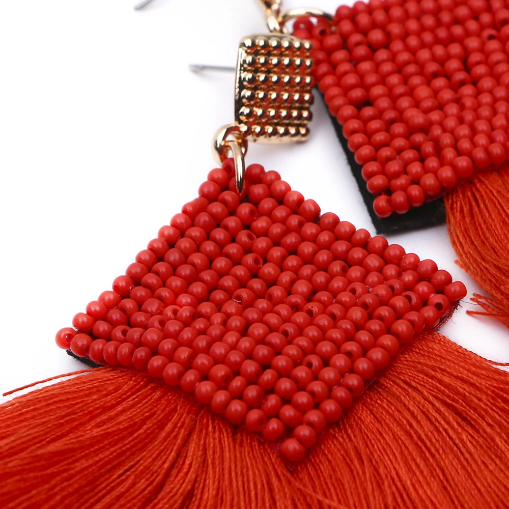 New design 2019 handmade seed beads fan shape gold silk tassel earrings for women.jpg