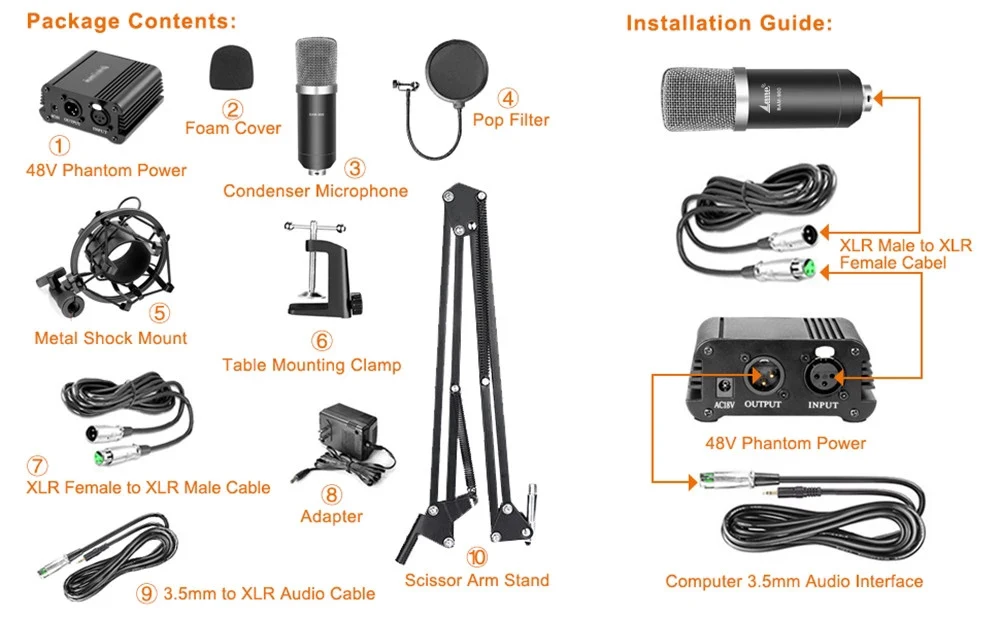 ZINGYOU BM-800 Condenser Microphone Bundle with XLR Male to Female Cable 