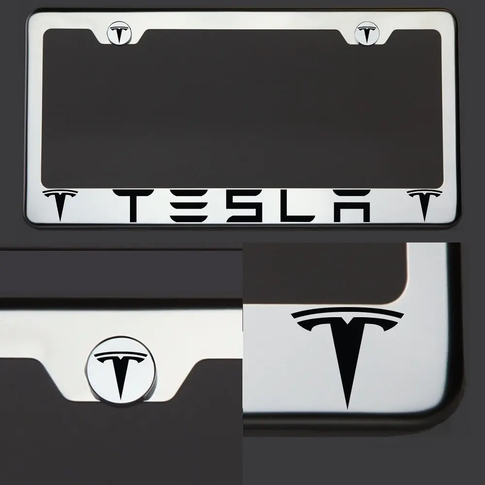 Tesla 2 Logo Car Tag Diamond Etched on Black Aluminum License Plate 