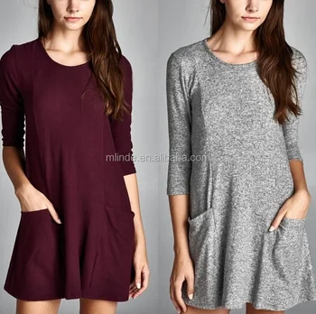 Semi Loose Fit Three Quarter Length Sleeves Round Neck Dress Loose Fit Three Quarter Length Sleeves