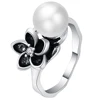 fashion Stylish women trendy black flower pearl plated white zircon rings