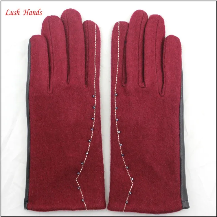 Lady's new style affordable leather-woolen gloves with supersoft polyester lining