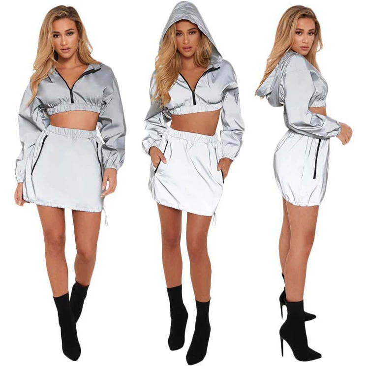 Hot Sale Reflective 2 Piece Crop Top Skirts Set For Women Buy