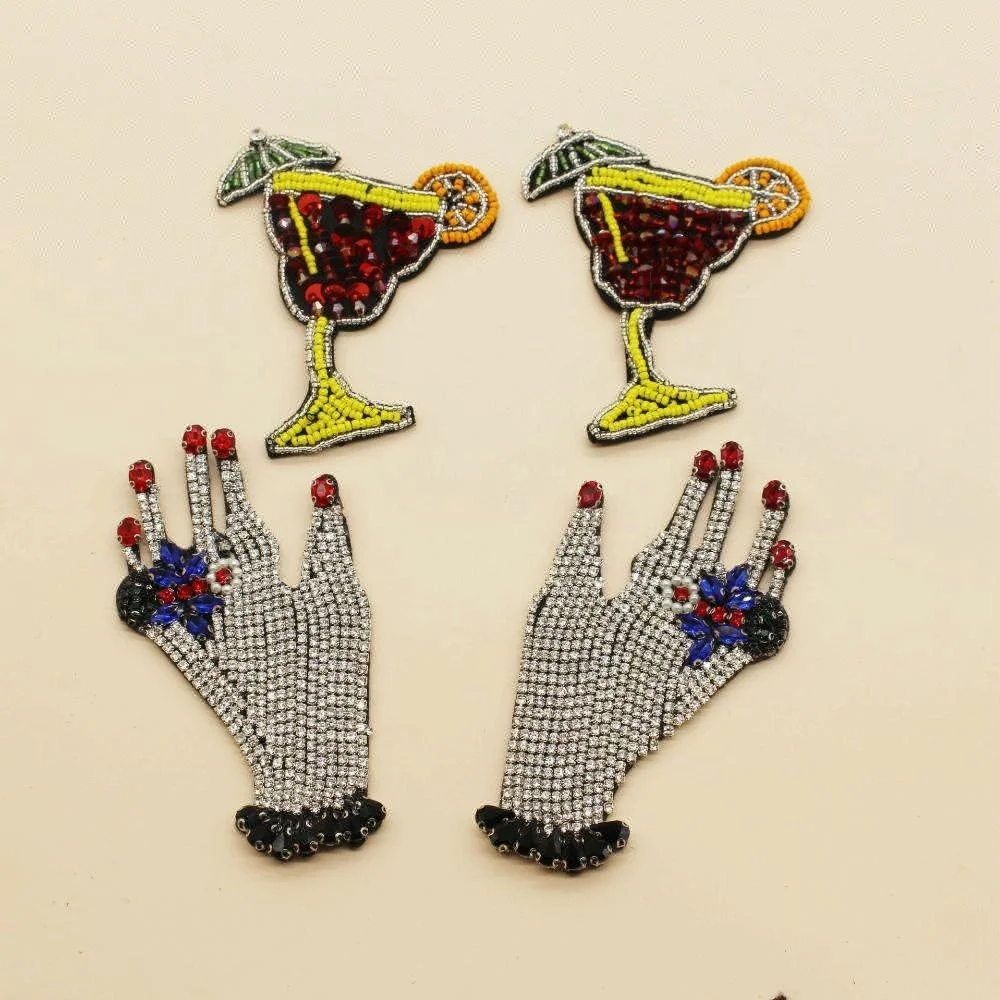 
handmade beaded hands patches,sew on embroidery rhinestone wine glass badges,clock appliques 