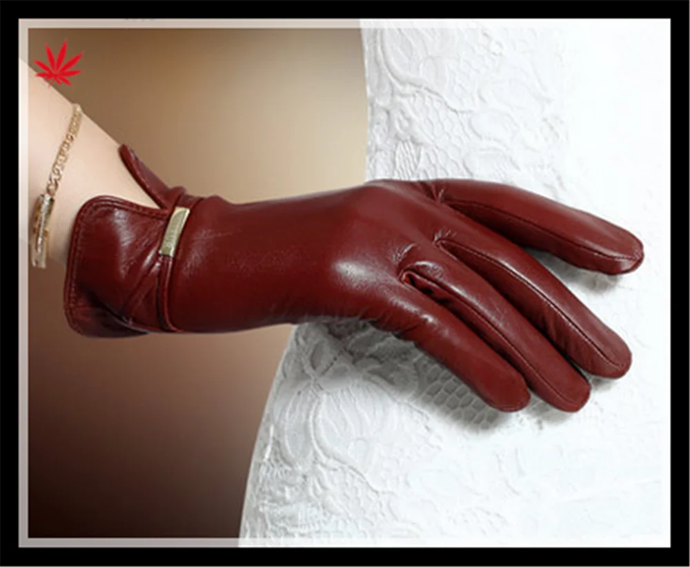Lady's colorful finger trimmed genuine leather gloves