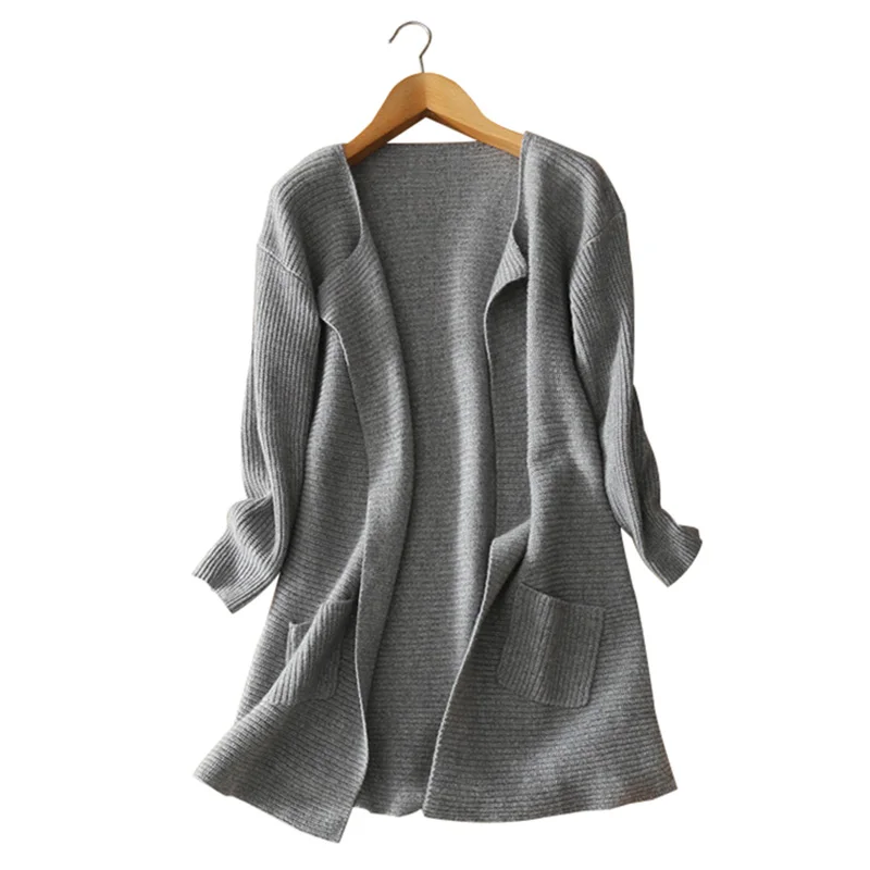 Women s long thick 100 pure cashmere knitting cardigan coat V neck open stitch font b
