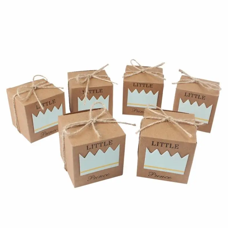 Small Square Brown Paper Gift Box Baby Shower Candy Box With Little Prince Princess Crown Design