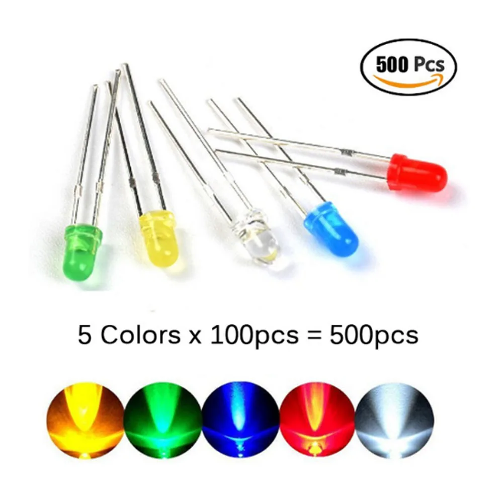 500pcs/lot 3mm Led Diode Assorted Kit Mixed Color Red Green Yellow Blue White 5color Each 100pcs