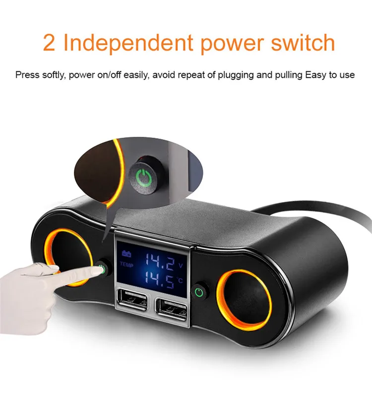 ZNB02 1 to 2 Car Cigarette Lighter Socket with On Off Switch LCD Display Dual USB Fast Charging
