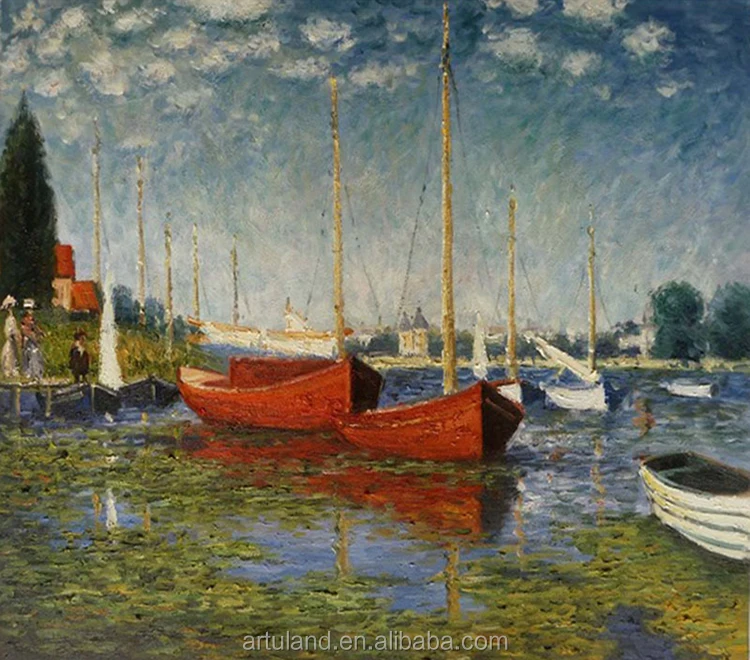 Hand Painted Claude Monet Oil Painting Wall Art 24x20" Red Boats Argenteuil 