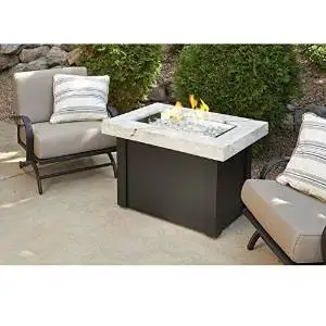 Outdoor Great Room Providence Crystal Fire Pit Table with White Onyx Marbelized Top and Black Metal Base