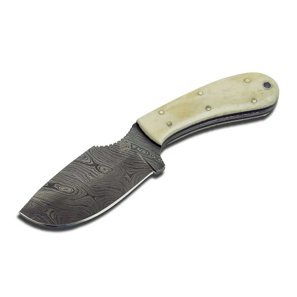 Knives Ranch Damascus Steel Knives 8" Big Belly Skinner with Bone Handle. INCLUDES: Leather Vertical Belt Loop Sheath