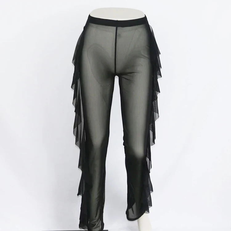 Lddress New Sexy Ruffle Women Beach Mesh Pants Sheer Wide Leg Pants