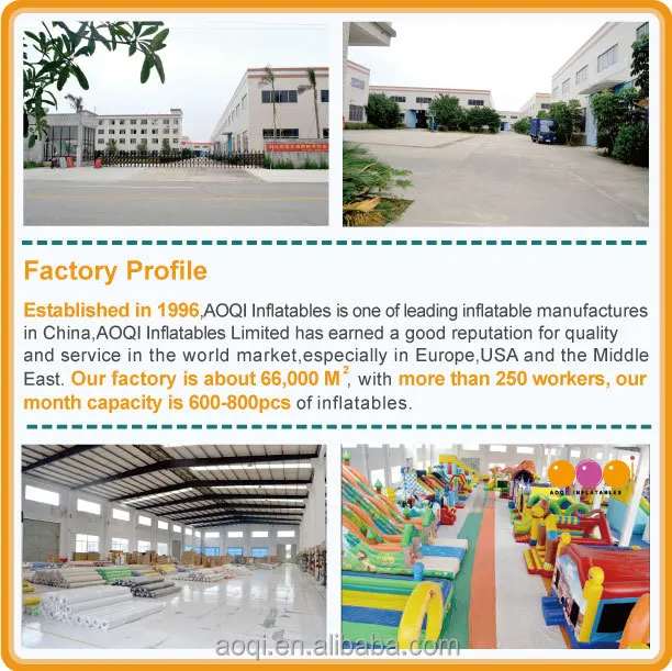 Established in 1996 AOQI Inflatables is one of leading inflatable manufactures in China,AOQI Inflatables Co., Ltd has earned a good reputation for quality and service in the world market,especially in Europe,USA and the Middle East. Our factory is about 66,000 square meter, with more than 250 workers, our month capacity is 600-800pcs of inflatables.