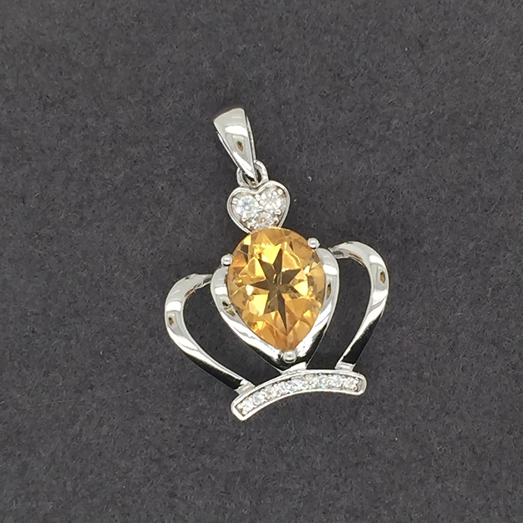 925 Sterling Silver King Crown Charm Pendant, Yellow Stone Crown Jewelry, Yellow Teardrop Topaz Pendant Crown Necklace