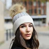 CX-C-45M Handmade Knit Hat With One ball Top Raccoon And Wool Fur Pom Pom Knitted Beanie Especially For Women