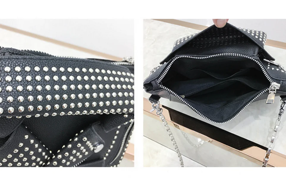 Fashion Korean Style Women Cheap Leather Rivet Decoration One Shoulder Strap Metal Chain Crossbody Messenger Bag/Handbag