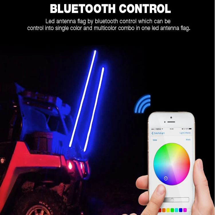 5FT LED Whip Lights Blue-tooth App Control ATV UTV Truck 4WD 4X4 Lighted Flags
