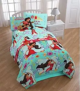 4 Piece Girls Disney Elena of Avalor Flower Power Themed Comforter Twin Set, Cute Animated Character Print, Beautiful Flower Design Pattern, Pretty Character Reversible Bedding, Black Blue Brown Multi