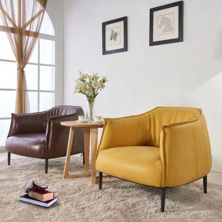 Nordic Style Cafe Reception Leather Chair Leisure Chair Living Room Modern Genuine Leather Sofa Legs Metal Furniture