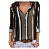Women V Neck Stripes Shirts Roll up Long Sleeve Button Down Blouses