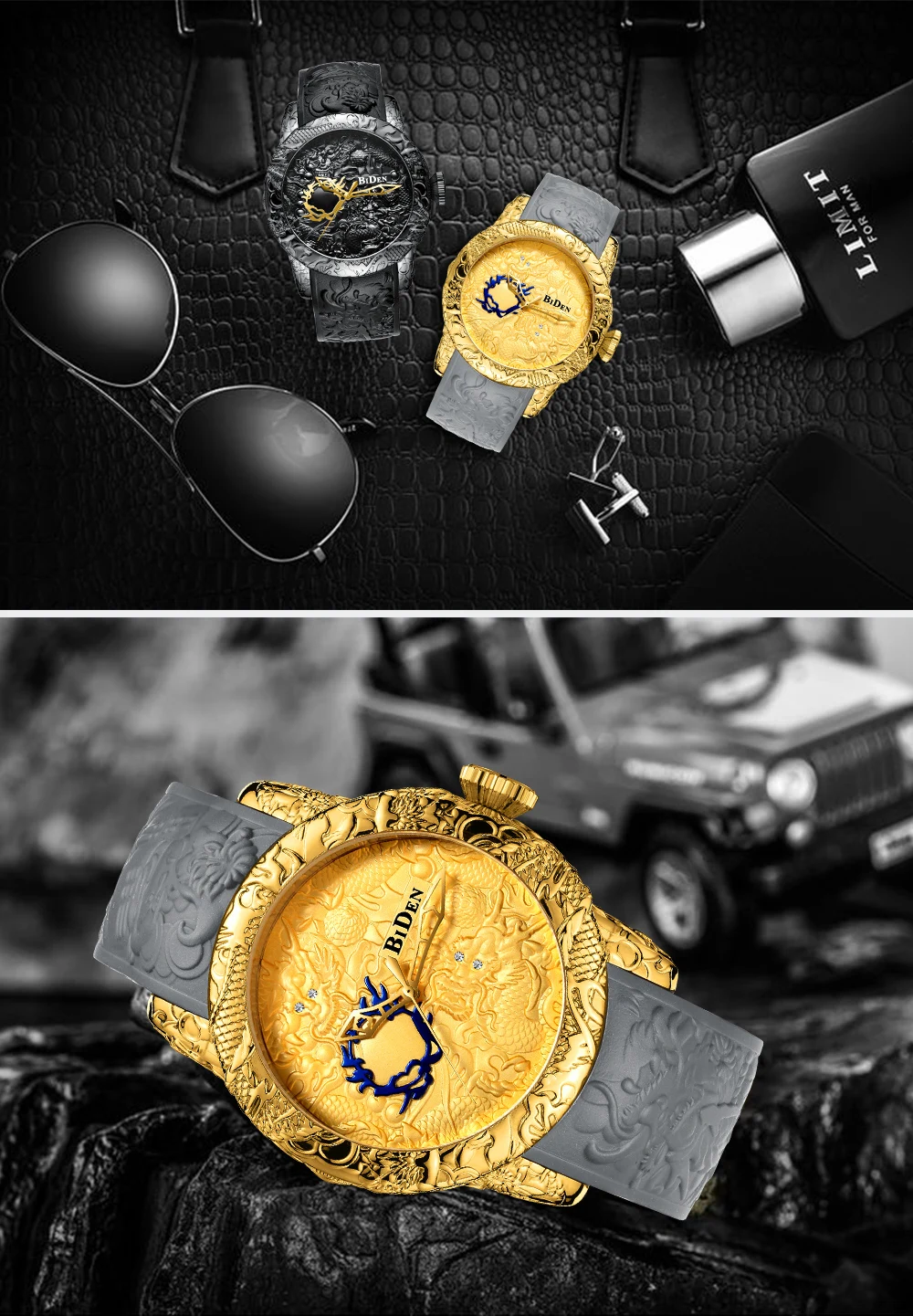 Biden 0129 New Fashion 3D Sculpture Dragon Men Japan Movement Quartz Watches Gold Big Dial Exquisite Relief Creative Clock