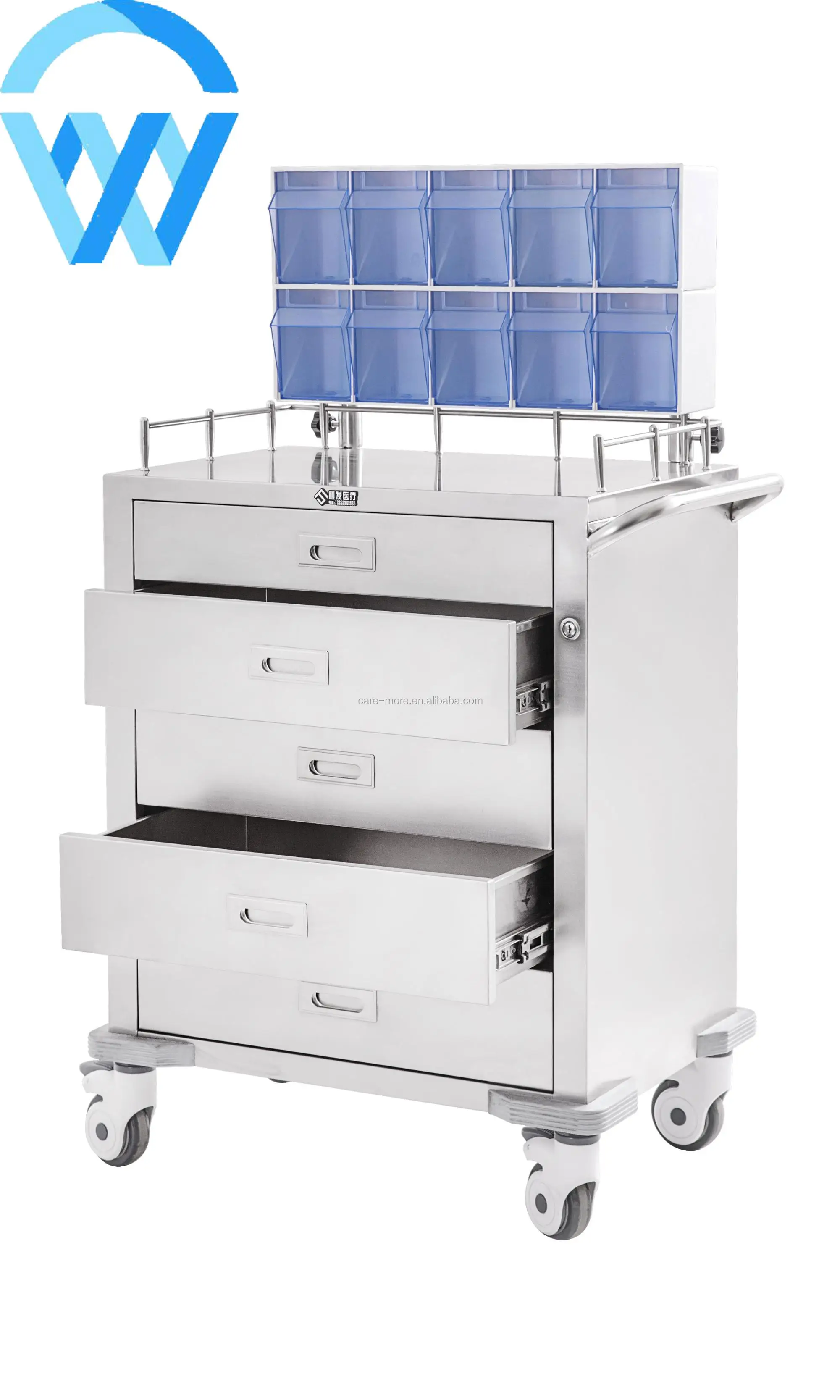 2018 Hot Selling Hospital Use Stainless Steel Medical Cart Nuring Anesthesia Trolley with Five Drawers