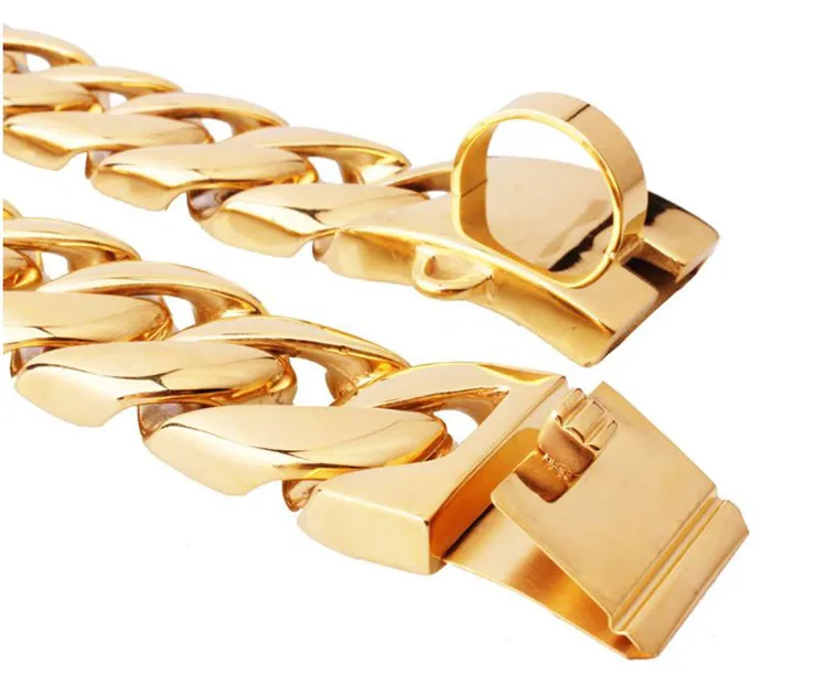 Hip Hop Stainless Steel Metal 31mm Gold Cuban Link Chain Bull Dogs Lead Heavy Duty Collars 4