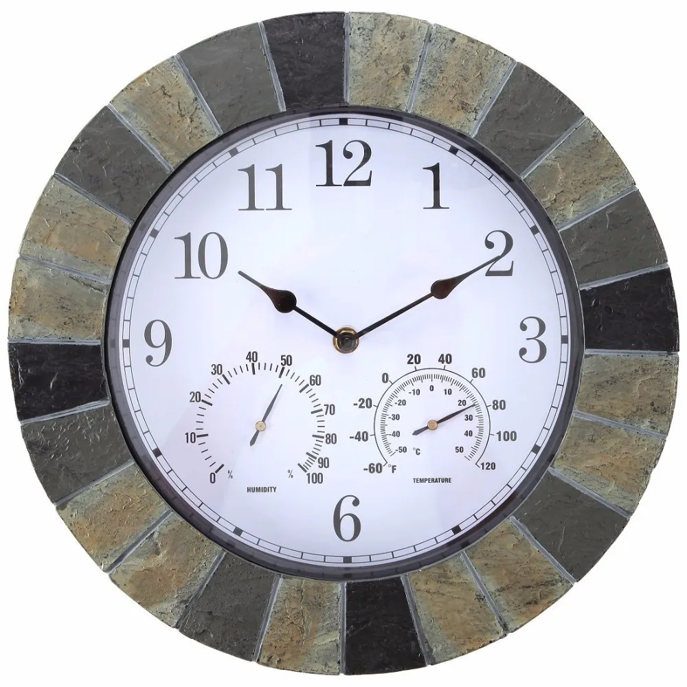 14 Inch Faux Stone Outdoor Garden Wall Clock With Thermometer And