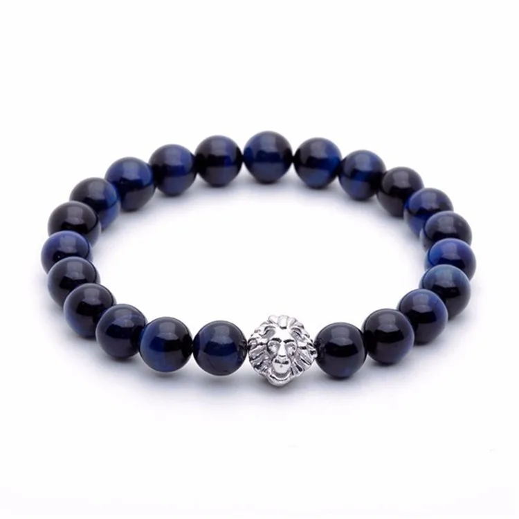 Wedding Engagement Navy Tiger Eye Leo Silver Bead Bracelet for Couple