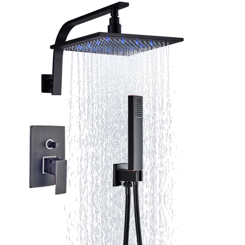 Contemporary  Rainfall LED light Shower Mixer Faucet Set 8 Inch Shower Head with Hand shower Wall Mount Concealed Box