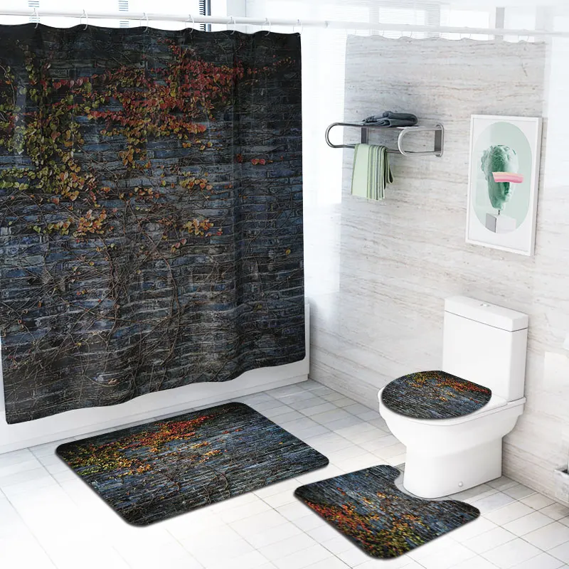 New arrival Anti Slip Bathroom Rug 4 Piece Set Custom print Shower curtain