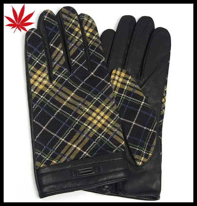 Men's winter touch leather and fabric gloves lined woolen with leather belt