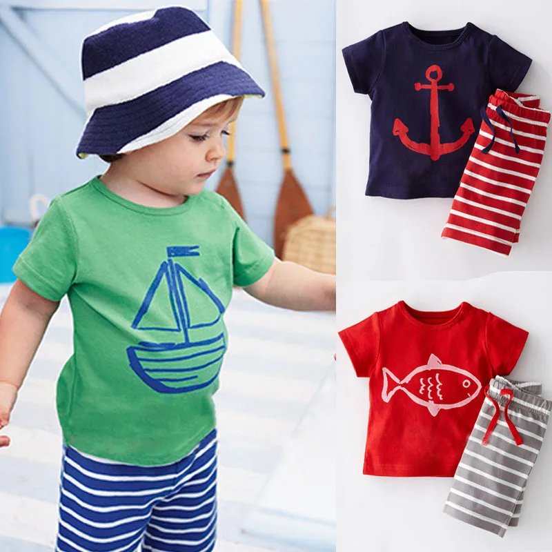 2016 Summer Boys Clothes Sets Kids Clothes Short Sleeve Cartoon T Shirt Striped Pant Boys Clothing