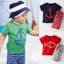 2016 Summer Boys Clothes Sets Kids Clothes Short-Sleeve Cartoon T-Shirt + Striped Pant Boys Clothing Set CF101