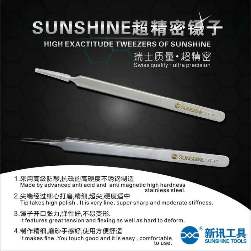 ST-14 professional anti magnetic stainless steel long pointed tweezers for mobile phonerepair