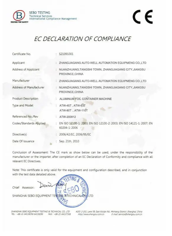 DUCT MACHINE CE CERTIFICATE