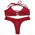 Wine Red Strappy Bikini Sets Low Waist V Thong Teeny Bottom Swimsuit Padded Bathing Suit Side